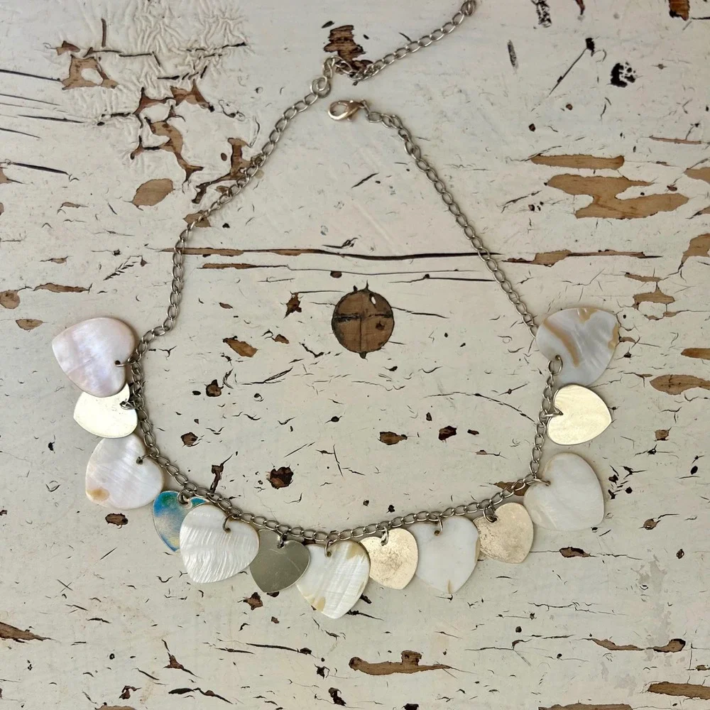 Silver Tone Mother of Pearl Shell Heart Charm Link Necklace Adjustable 19.5in